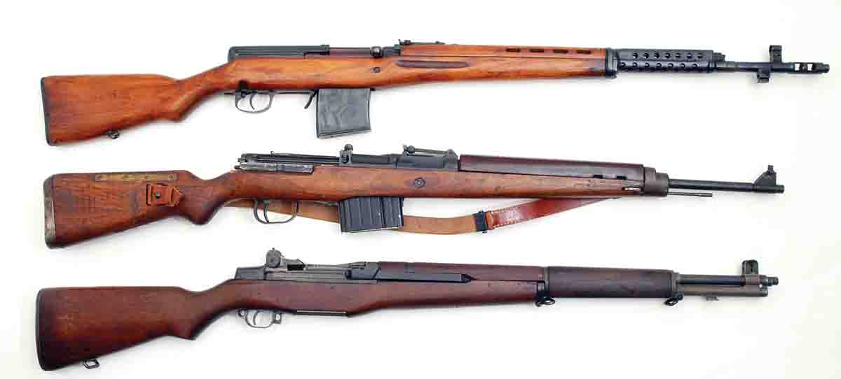Shown for comparison is the Soviet Union’s SVT40 (top), Germany’s G/K43 (middle) and the U.S. M1 Garand at bottom.